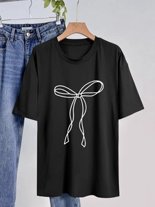 Women's casual black round neck short sleeve T-shirt with white minimalist bow print