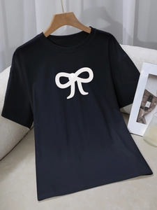 Women's Casual Milk Silk Short Sleeve T-Shirt With Bow Print And 3D Bead Detail Round Neck Summer Top Loose Streetwear Tee