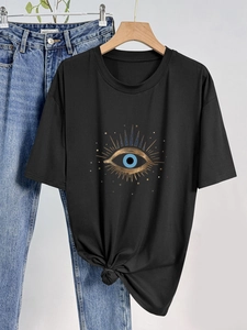 Women Evil Eye Graphic Printed T-Shirt Casual Short Sleeve Round Neck Summer Loose Cotton Blend Streetwear Pullover Top