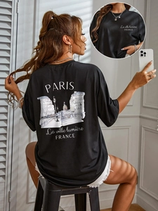 Black casual loose round neck T-shirt with Paris city sketch print on the back