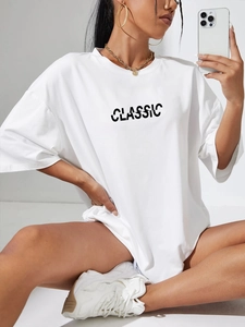 Women Oversized Classic Letter Print T-Shirt Casual Round Neck Drop Shoulder Short Sleeve Top Streetwear