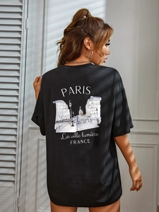 Detailed back view of black cotton T-shirt featuring a vintage Paris graphic print