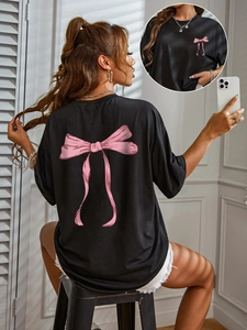 Women Oversized T-Shirt With Pink Bow Print Loose Round Neck Short Sleeve Milk Silk Streetwear Fashion Top For Daily Wear