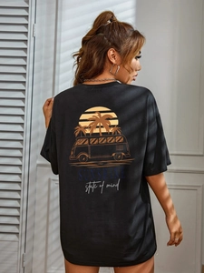 T-shirt noir ample pour femme avec imprimé rétro de coucher de soleil au dos