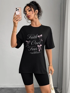 T-shirt Décontracté à Col Rond et Manches Courtes pour Femmes Coupe Large Top Imprimé en Mélange de Polyester Style Streetwear