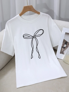 Damen Casual Locker Rundhals Kurzarm T-Shirt Mit Schleifendruck Weiche Milchseide Streetwear Mode Top Für Sommer