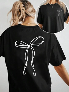 T-shirt noir pour femme en coton avec grand motif nœud blanc imprimé au dos et devant