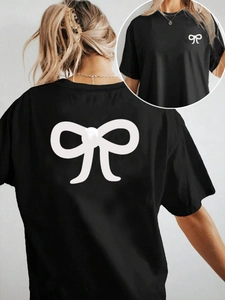 Damen T-Shirt in Schwarz mit Rundhalsausschnitt und modischen weißen Schleifendrucken