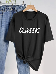 Maglietta da Donna Casual Girocollo Manica Corta Classica Stampa Lettere Orlo Annodato Seta di Latte Top alla Moda