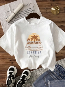 Women's Casual Round Neck Short Sleeve T-Shirt Vintage Tropical Sunset Palm Tree Print Sunshine State of Mind Summer Top