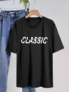 T-shirt nera classica da donna con girocollo e stampa moderna in tessuto di cotone puro