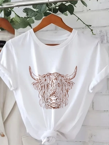 Maglietta Casual da Donna con Stampa Mucca delle Highland Girocollo Manica Corta Vestibilità Morbida Misto Cotone Streetwear Estate