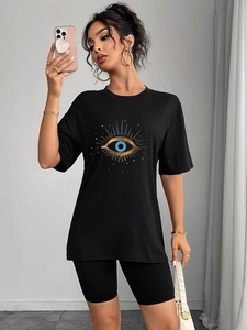 T-Shirt Décontracté à Manches Courtes Col Rond pour Femmes Motif Mauvais œil Large Mode Rue Top en Polyester Noir