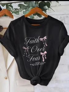 Women Faith Over Fear Print T-Shirt Pink Bow Graphic Round Neck Short Sleeve Loose Casual Cotton Blend Knot Hem Top