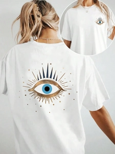 Damen Casual Böser Blick Grafik T-Shirt Rundhals Kurzarm Milchseide Lose Oversize Streetwear Top