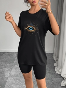 Ensemble noir décontracté pour femme avec T-shirt imprimé Œil du Diable et short cycliste