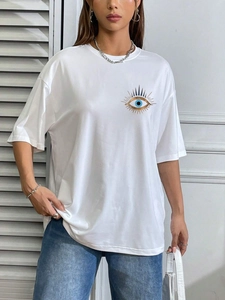 Damen weißes loses Rundhals Baumwoll T-Shirt mit blauem Evil Eye Grafikdruck