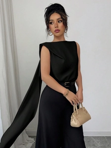 Elegant Women Satin Sleeveless Blouse One Shoulder Long Streamer Top Boat Neck Solid Color Summer Fashion Office Lady Vest