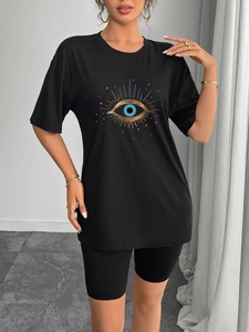 T-shirt noir décontracté pour femme avec imprimé Œil de démon et coupe ample moderne