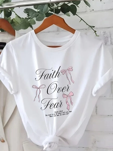 Women white cotton t-shirt with Faith Over Fear print and pink bow graphics