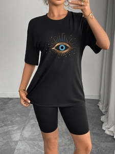 Ensemble décontracté noir pour femme avec t-shirt graphique oversize et cycliste assorti
