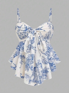 Women's French Retro Blue Toile De Jouy Floral Print Peplum Camisole Top Bow Decor Sleeveless Summer Vacation Blouse