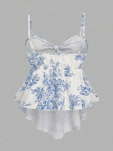Blue and white Toile de Jouy camisole top with peplum hem and adjustable straps