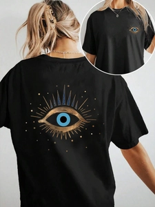 Schwarzes Damen T-Shirt aus Baumwolle mit großem goldenem Evil Eye Print am Rücken