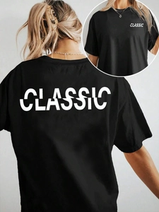 T-shirt noir décontracté pour femmes avec imprimé de lettres blanches classiques au dos