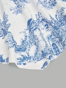 Blue Toile de Jouy print camisole featuring French pastoral landscape on white fabric