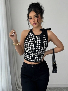 Women's sexy halter houndstooth knit crop top with bow and pearl buttons detailing