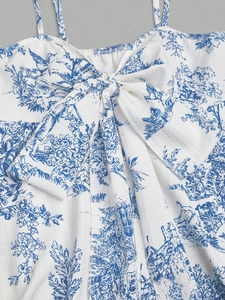 Women's blue floral camisole with large front bow and Toile de Jouy print design