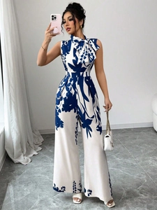 Women Floral Print Sleeveless Halter Jumpsuit Elegant Bow Tie Wide Leg Romper Vacation Summer Outfit Casual Long Jumpsuit