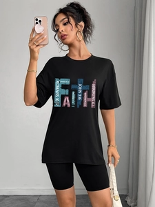 Women Casual Oversized Short Sleeve T-Shirt Faith Letter Print Round Neck Loose Mid Length Streetwear Summer Fashion Top