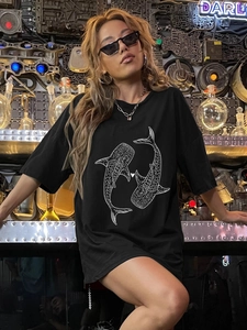 Damen Casual Oversized Walhai Print T-Shirt Rundhals Kurzarm Milchseide Streetwear Top Lose Passform Tee