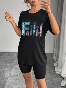 Women's black oversized Faith graphic T-shirt and biker shorts two-piece casual set