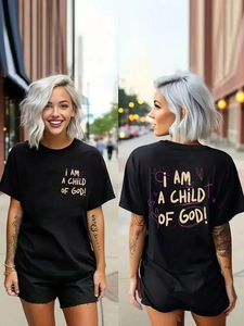 Women's black loose-fit cotton T-shirt with I AM A CHILD OF GOD creative graphic print