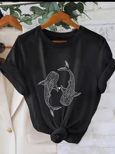 Women Casual Whale Shark Heart Print Milk Silk T-Shirt Round Neck Short Sleeve Loose Fit Streetwear Summer Top