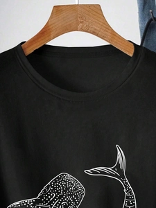 Women's casual black round neck cotton T-shirt with minimalist white whale shark print