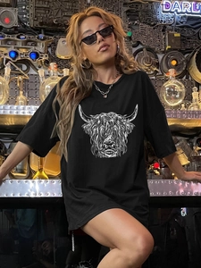 T-Shirt Oversize da Donna con Spalle Calate in Tessuto Seta di Latte Stampa Mucca delle Highland Streetwear Casual Girocollo a Maniche Corte