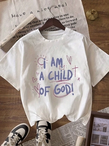 Women Casual Round Neck Short Sleeve T-Shirt Graphic Print I AM A CHILD OF GOD Lettering Loose Fit Comfortable Summer Top