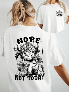 T-Shirt Décontracté à Col Rond pour Femme Haut en Polyester Souple Imprimé Vache des Highlands Coupe Ample Mode Streetwear Été