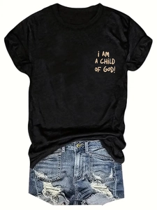 Detail of black cotton T-shirt featuring I AM A CHILD OF GOD text print on chest