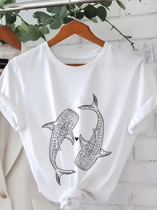 Women white minimalist cotton T-shirt featuring a unique black whale shark heart print