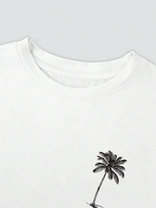 T-shirt bianca in cotone con girocollo e piccolo dettaglio stampa di palma nera