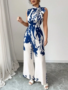 Women sleeveless high neck jumpsuit with blue floral print and waist tie belt