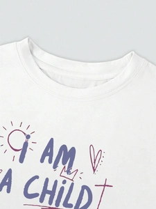 Women's casual white round neck t-shirt with I AM A CHILD hand-drawn graphic print