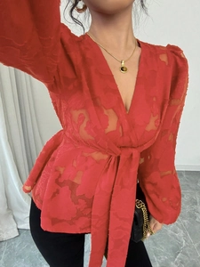 Elegant red V-neck blouse with long lantern sleeves and textured floral jacquard fabric