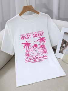 Women Casual Short Sleeve T-Shirt West Coast California Graphic Print Round Neck Loose Mid-Length Brushed Milk Silk Top