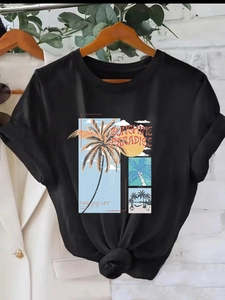 T-Shirt Femme Décontracté Col Rond Manches Courtes Imprimé Palmier Tropical Haut Été Ample en Polyester pour Streetwear